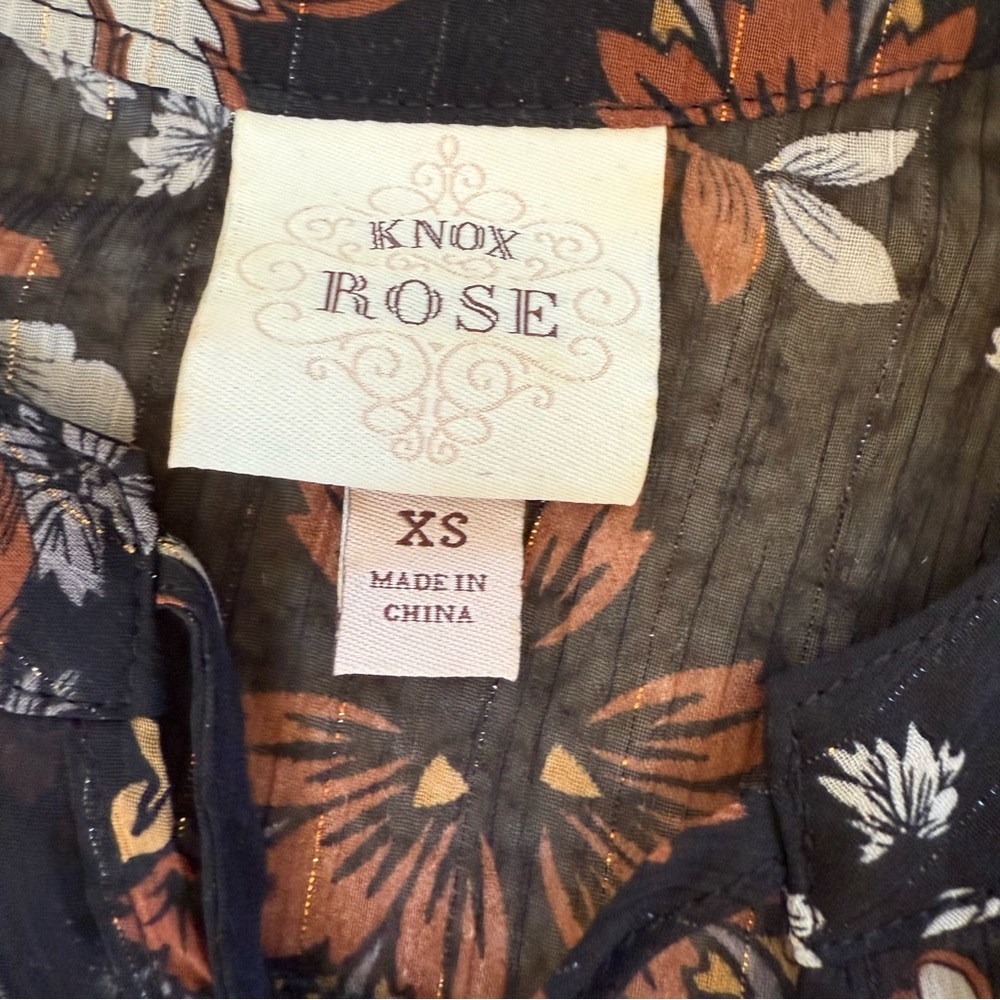 Knox Rose Black Floral Boho Tunic Dress Bell Sleeve Semi Sheer V Neck XS Boho - Picture 3 of 9